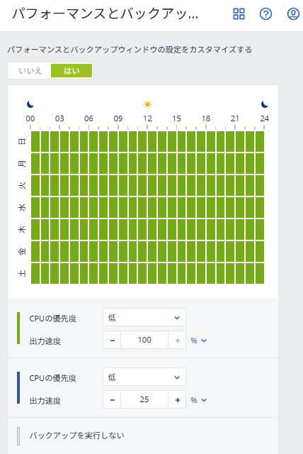 パフォーマンスとバックアップウィンドウ画面