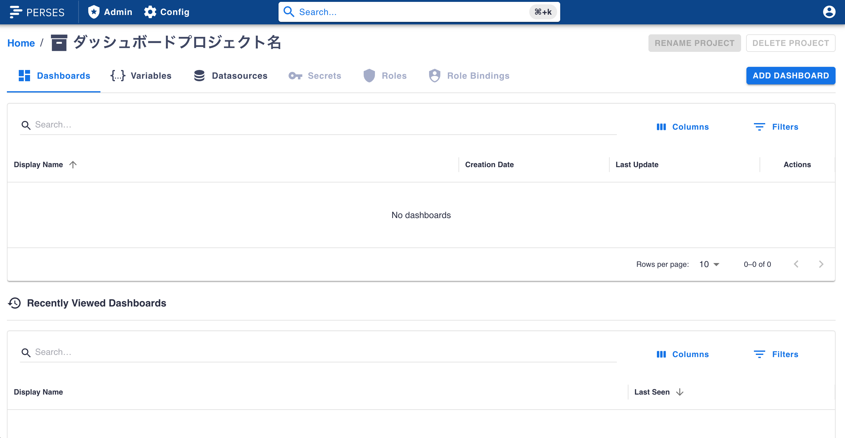Perses のプロジェクト詳細画面